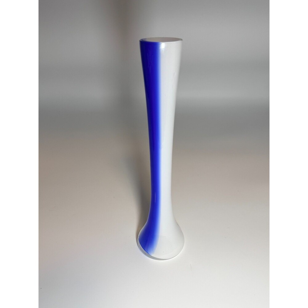Vintage Cobalt Blue White Cased Art Glass Bud Vase 12" Tall Modernist
